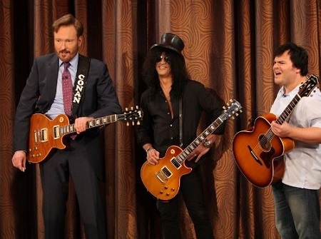 Image: Conan plays guitar alongside with slash and Jack Black. Source: flickr