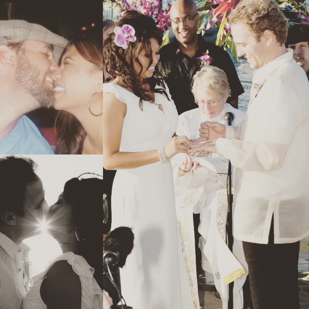 Elita Loresca putting wedding ring on her husband Ryan's finger. On other pictures,they are seen kissing each other.Elita and her husband, Ryan in their wedding dres