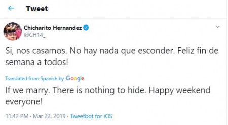 Javier confirmed his marriage to Sarah Kohan through his Twitter