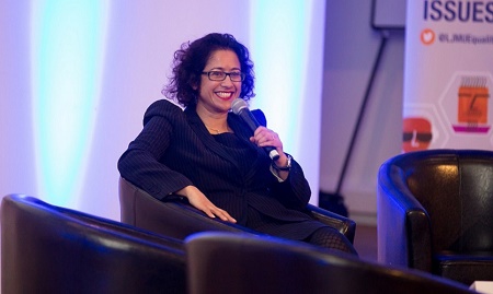 Samira Ahmed presenting her thoughts at Liverpool John Moores University (LJMU)