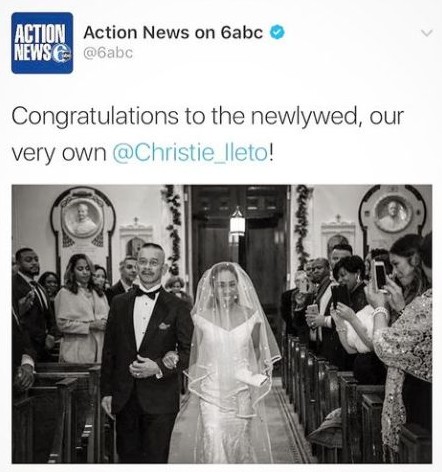 Christie Ileto walking down the aisle hand in hand on the wedding. She is wearing a white gown