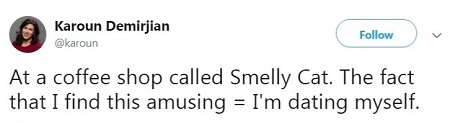 On 7 September 2012, Karoun Demirjian said that she is dating herself via Twitter
