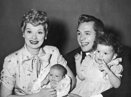 The childhood image of an actress Lucy Arnaz and her brother Desi Jr with their mother Lucille Ball and father Desi Arnaz.
