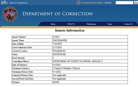Daniel Toce's prison sheet.