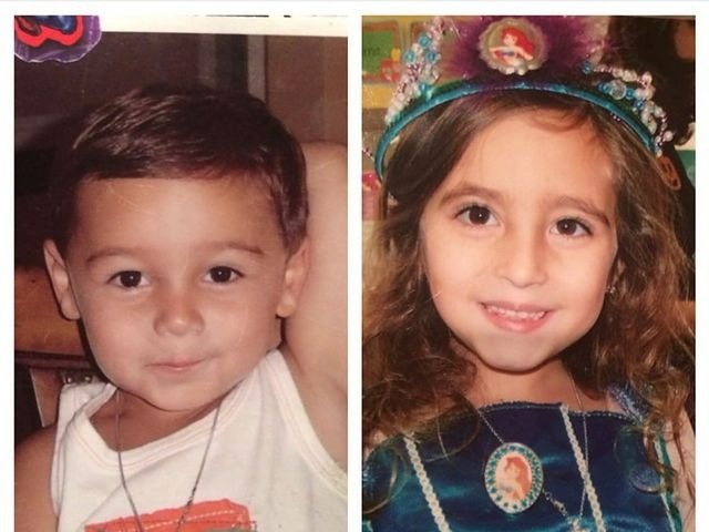 Childhood photo of Joe and Carmen, wearing a dress of tank and designed green dress. 