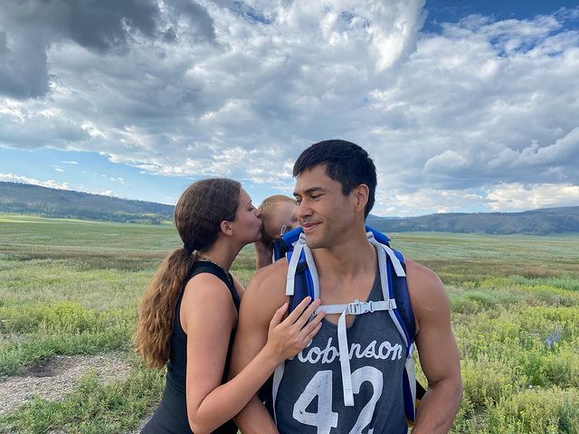 Martin Sensmeier and his wife Kahara Hodges and his son in frame.