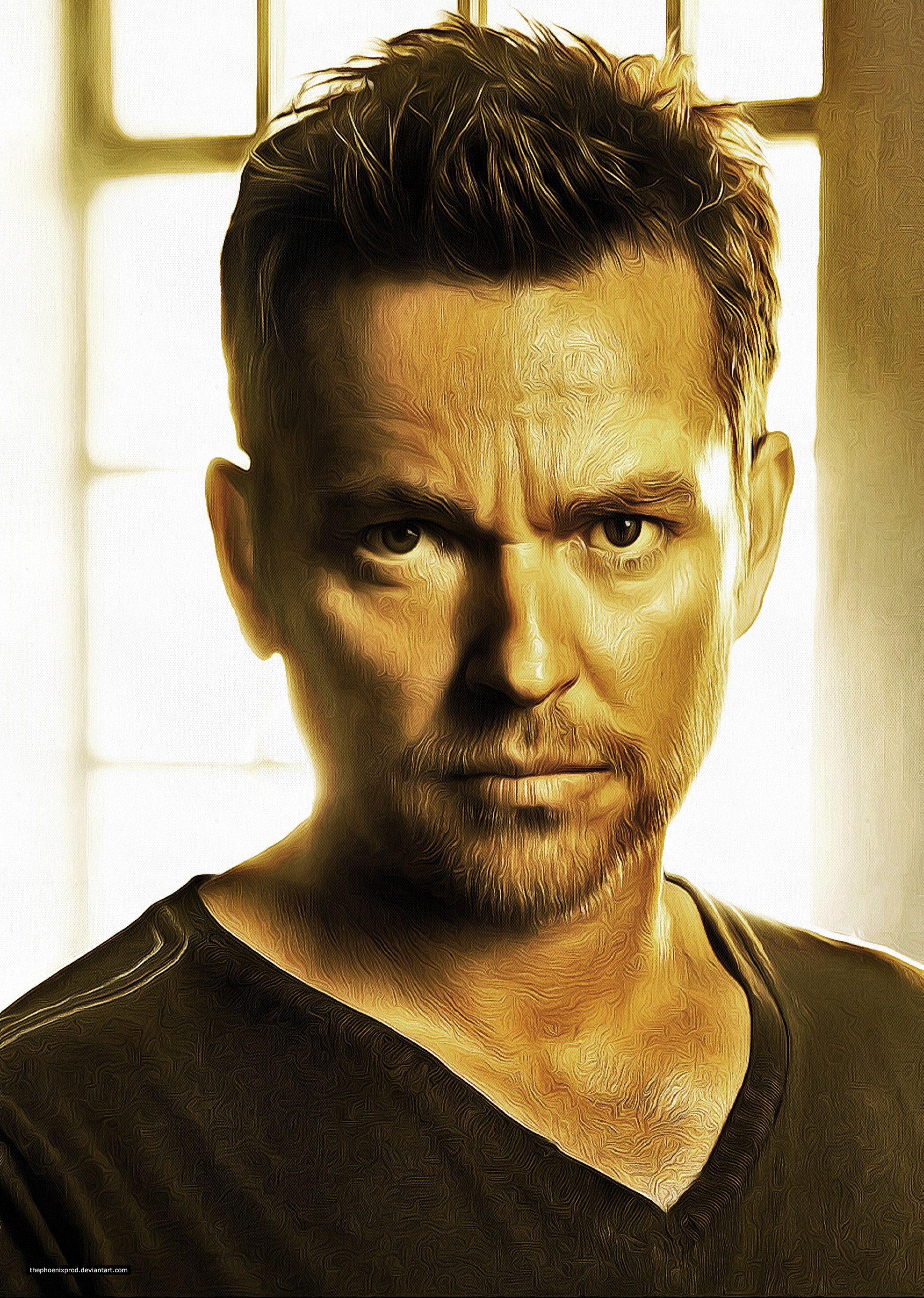 Jonathan Scarfe wearing black t-shirt with a short black hair.