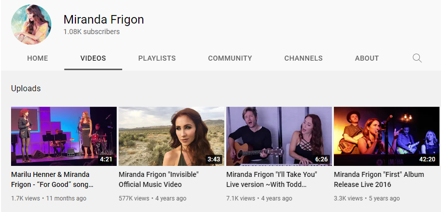 Screenshot of Miranda Frigon's Youtube Channel